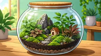 Terrarium - A transparent container in which small plants or land animals are kept. (पौधों या छोटे जीवों के लिए काँच का पात्र)