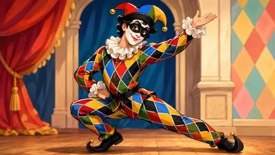 Harlequin - A comic character dressed in a colourful, diamond-patterned costume.