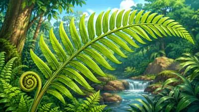 Frond - A large, divided leaf of a fern or palm tree. (फर्न या ताड़ का बड़ा विभाजित पत्ता)