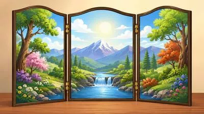 Triptych - A picture, artwork or set of panels consisting of three connected parts. (तीन जुड़े हुए भागों वाली कलाकृति)