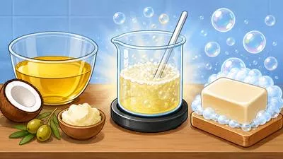Saponify - To convert fat or oil into soap through a chemical reaction. (वसा या तेल को रासायनिक अभिक्रिया द्वारा साबुन में बदलना)