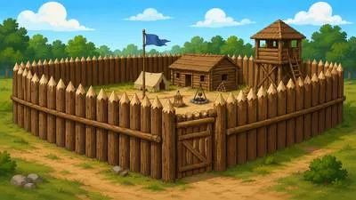 Stockade - A strong barrier or enclosure made from upright wooden posts, usually built for defence. (लकड़ी की रक्षात्मक बाड़)