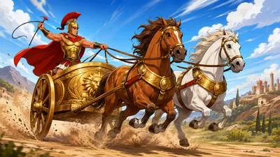 Chariot - A two-wheeled vehicle drawn by horses, especially used in ancient warfare or races. (रथ)