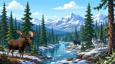 Taiga - A vast subarctic forest dominated mainly by evergreen coniferous trees.