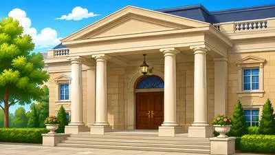 Portico - A covered entrance to a building, supported by columns.