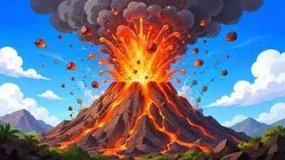 Erupt - To burst out suddenly or violently, especially from a volcano. (फूट पड़ना)