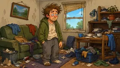 Frowsy - Untidy, dirty, or unpleasant in appearance or smell.