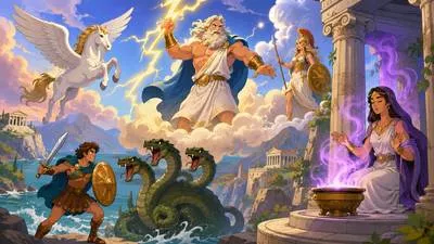 Mythology - A collection or study of traditional myths, especially those belonging to a particular culture or religion. (पौराणिक कथाओं का संग्रह या अध्ययन)