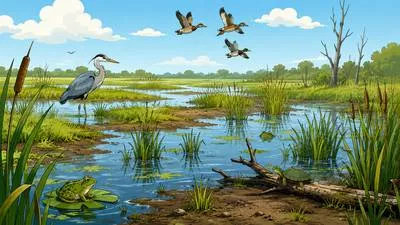 Marsh - An area of low, wet land covered mainly with grasses and other soft vegetation. (दलदली भूमि)