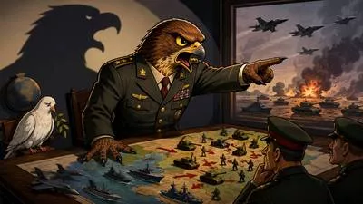 Hawkish - Favouring aggressive, forceful or military action, especially in politics or foreign policy.