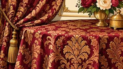 Damask - A rich patterned fabric, usually made of silk, linen or cotton, with designs woven into it. (बूटेदार वस्त्र)