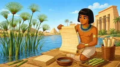 Papyrus - A material used in ancient times for writing, made from the stem of a water plant.