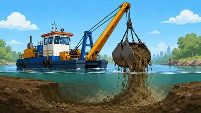 Dredge - Clear or deepen a river, harbour, or other area of water by removing mud, sand, or other material from the bottom. (तलछट निकालकर गहरा या साफ़ करना)