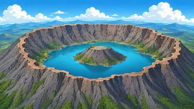 Caldera - A large volcanic crater formed when the top of a volcano collapses after a major eruption.