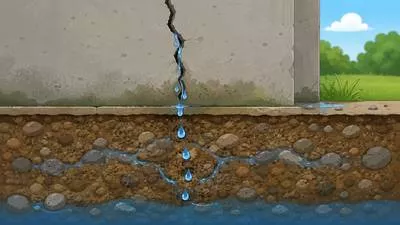 Seep - To pass or flow slowly through small openings or porous material. (धीरे-धीरे रिसना)