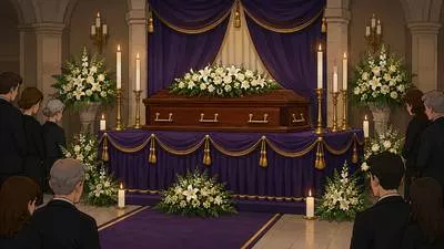 Catafalque - A decorated raised platform on which a coffin is placed during a funeral ceremony. (अंत्येष्टि के समय ताबूत रखने का सुसज्जित ऊँचा मंच)