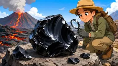 Obsidian - A naturally occurring dark volcanic glass formed when lava cools rapidly.