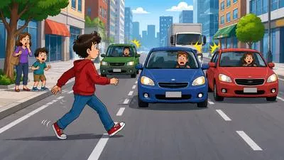 Jaywalk - To cross or walk in a street illegally or without following traffic regulations. (यातायात नियमों का उल्लंघन करते हुए सड़क पार करना)