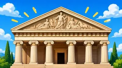 Pediment - A triangular upper part of the front of a classical building, usually above an entrance or portico. (इमारत के अग्रभाग का त्रिकोणाकार शीर्ष)
