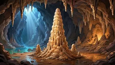 Stalagmite - A mineral deposit that rises from the floor of a cave due to dripping water.