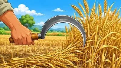 Sickle - A farming tool with a short handle and a curved blade used for cutting crops or grass.