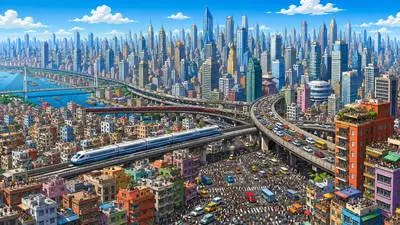 Megacity - A very large city, typically having a population of more than ten million people.