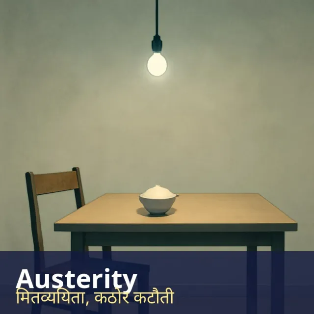 Austerity - Severe cutting of public spending; also extreme plainness or self-denial.