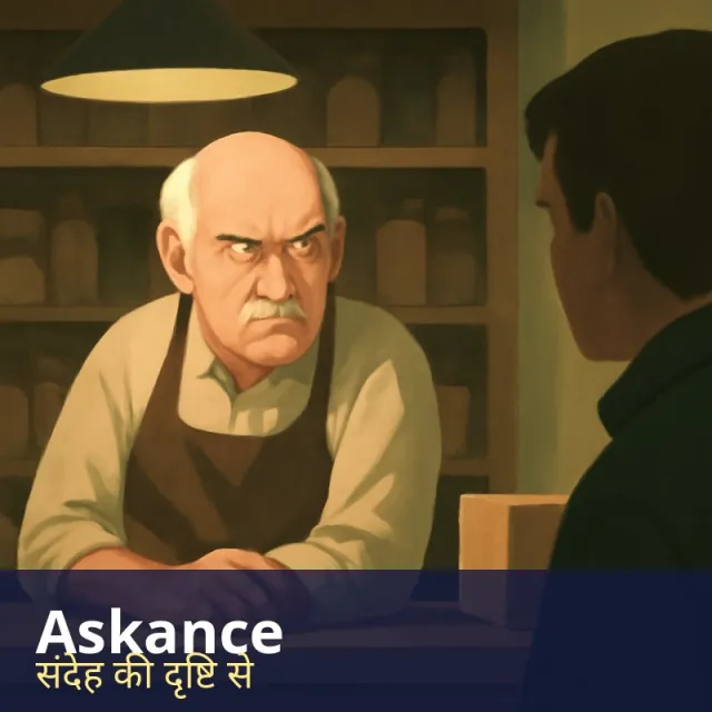 Askance - With suspicion, disapproval or mistrust; with a sideways look.