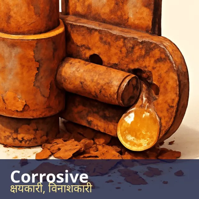 Corrosive - Slowly eating away or destroying something, whether metal or trust.