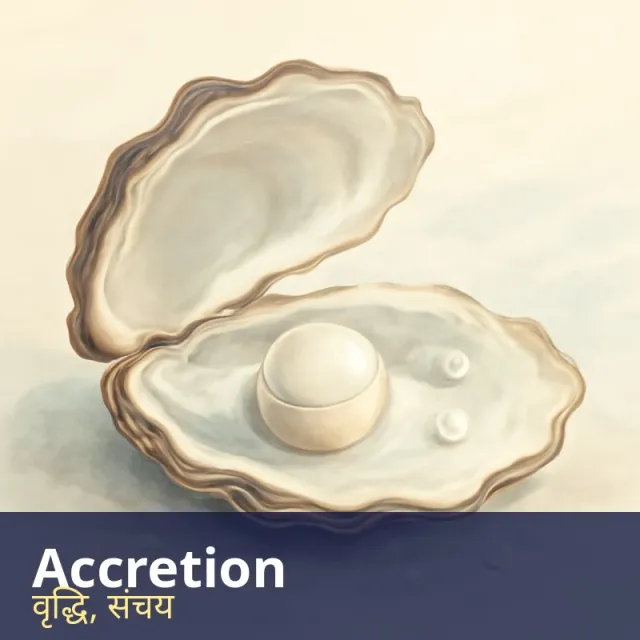Accretion - Slow growth or increase by the gradual addition of layers or parts.