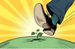 Trample - Tread on and crush./  to treat other people's rights, wishes, or feelings as if they are worthless or not important.