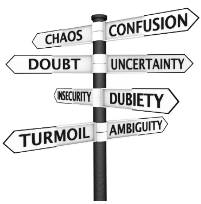 Turmoil  - (A state of great disturbance, confusion, or uncertainty.)