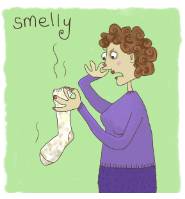 Reek  - Smell strongly and unpleasantly;
