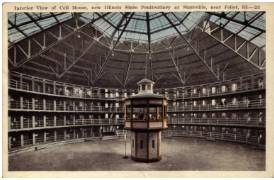 Panopticon  - A circular prison with cells arranged around a central well, from which prisoners could at all times be observed.