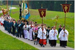 Procession  - A number of people or vehicles moving forward in an orderly fashion, especially as part of a ceremony.
