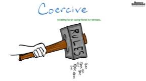 Coercive  - Relating to or using force or threats.