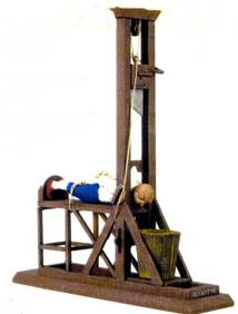 Guillotine  - A machine with a heavy blade sliding vertically in grooves, used for beheading people.