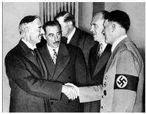 Appeasement - The act of  making peace with a nation, group, or person by giving in to their demands