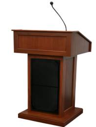 Pulpit  - A raised flat surface where a priest or minister stands when leading a worship service.