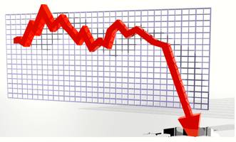 Plunge  - Meaning: fall suddenly and uncontrollably; suffer a rapid decrease in value.