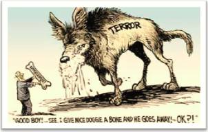Appeasement  - Meaning: the action or process of appeasing.