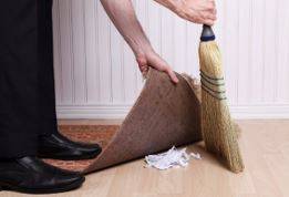 Paper over - To try to hide a problem or disagreement in a way that is temporary and not likely to be successful.