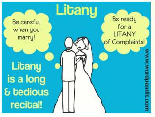 Litany  - Meaning- A long boring account of a series of events, reasons, etc.