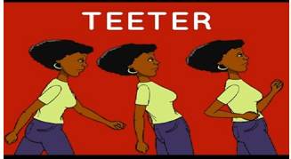 Teeter  - Meaning- To stand or move in an unsteady way so that you look as if you are going to fall.