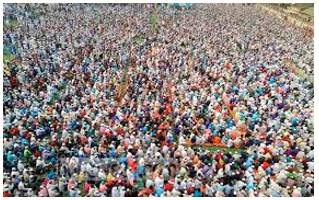 Amass  - Meaning- Gather together in a crowd or group.