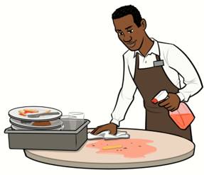 Bus - Remove dirty plates and dishes from (a table).