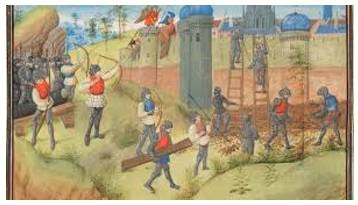 Siege  - A military operation in which enemy forces surround a town or building, cutting off essential supplies, with the aim of compelling those inside to surrender.