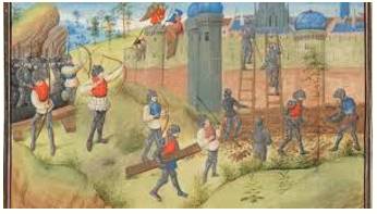 Siege  - A military operation in which enemy forces surround a town or building, cutting off essential supplies, with the aim of compelling those inside to surrender.