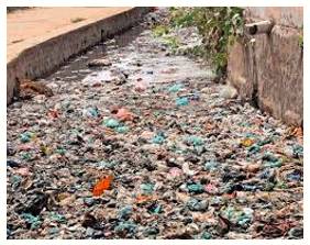 Squalor  - The state of being extremely dirty and unpleasant, especially as a result of poverty or neglect.