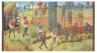 Siege  - A military operation in which enemy forces surround a town or building, cutting off essential supplies, with the aim of compelling those inside to surrender.